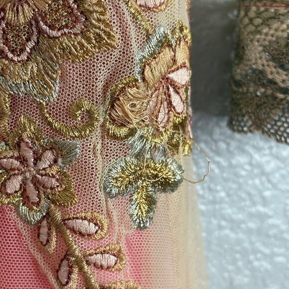 Approx M Pink Gold Embroidered Flowers Floral Anarkali Saree Gown Dress Layered - Picture 7 of 9